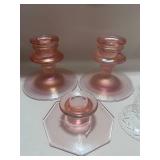 Three Pink Fenton Candle Holders and Three Wax Catchers