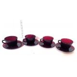 Vintage Depression Ruby Red 4 Cups and Saucers