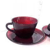 Vintage Depression Ruby Red 4 Cups and Saucers