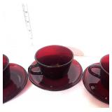Vintage Depression Ruby Red 4 Cups and Saucers