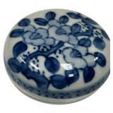 Blue and White Porcelain Sake cup 2", Chinese Qing Dynasty porcelain box and cover, 1.25", Desktop Porcelain Vase 2.25"