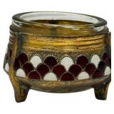 1918 Russian Deco Enamel and Glass Salt Cellar Red/White Scallop Design 4 Hommet, 1.5"