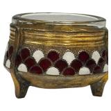 1918 Russian Deco Enamel and Glass Salt Cellar Red/White Scallop Design 4 Hommet, 1.5"
