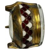 1918 Russian Deco Enamel and Glass Salt Cellar Red/White Scallop Design 4 Hommet, 1.5"