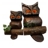 Vintage Carved Owls Perched on Wood, Set of 2
