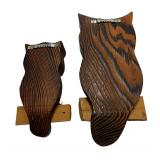 Vintage Carved Owls Perched on Wood, Set of 2