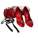 Bordello Red Low Heels Size 7 with matching chained evening purse
