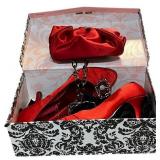 Bordello Red Low Heels Size 7 with matching chained evening purse