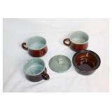 Set of 3 Stoneware Cups and Covered Bowl