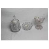 Set of 3 Antique Pressed Glass Pieces: Imperial Bowl, Covered Jar, Compote