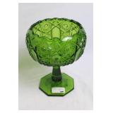 Vintage Green Pressed Glass Compote with Scalloped Edge