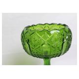 Vintage Green Pressed Glass Compote with Scalloped Edge