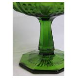 Vintage Green Pressed Glass Compote with Scalloped Edge