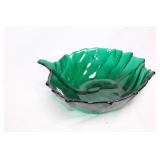 Green Glass Leaf-Shaped Decorative Bowl