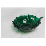 Green Glass Leaf-Shaped Decorative Bowl