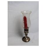 Sterling Candlestick with Glass Shade and Red Candle