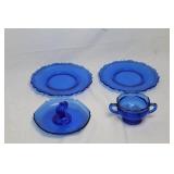 Set of Antique Cobalt Blue Depression Glass Plates and Sugar Bowl