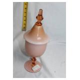 Cased Glass Covered Candy Dish Pink Opal Finish