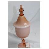 Cased Glass Covered Candy Dish Pink Opal Finish