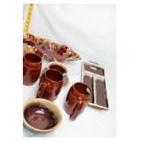 Vintage Brown Pottery Dinnerware and Serving Set