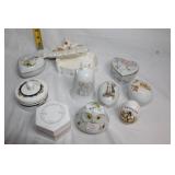 Collection of 9 Decorative Porcelain Trinket Boxes and Figurines