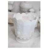 Collection of 10 White Milk Glass Dishes Featuring Grape Design