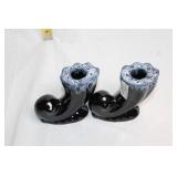 Pair of Vintage Blue and Black Ceramic Candle Holders