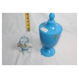 Set of 2 Vintage Glass Vessels: Blue Apothecary Jar & Floral Vase