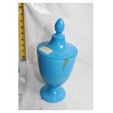 Set of 2 Vintage Glass Vessels: Blue Apothecary Jar & Floral Vase