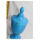 Set of 2 Vintage Glass Vessels: Blue Apothecary Jar & Floral Vase