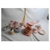 Collection of Vintage Pink Porcelain Teacups, Saucers, and Decorative Items