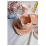 Collection of Vintage Pink Porcelain Teacups, Saucers, and Decorative Items