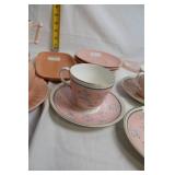 Collection of Vintage Pink Porcelain Teacups, Saucers, and Decorative Items
