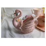 Collection of Vintage Pink Porcelain Teacups, Saucers, and Decorative Items