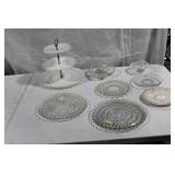 Vintage Glassware Collection Including 3-Tiered Serving Tray and Platters