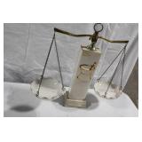 Vintage Apothecary Balance Scale with Porcelain Bowls and Gold Accents