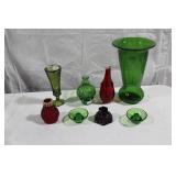 Set of 7 Elegant Vintage Art Glass Vases in Green and Red