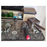 Collection of Industrial Metal Brackets, Clamps, and Glass Containers