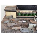 Collection of Industrial Metal Brackets, Clamps, and Glass Containers