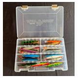 Set of Fishing Lures in Plastic Tackle Box