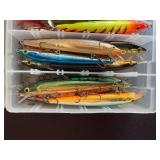 Lot of Fishing Lures in Tackle Box with various Jerk and Rogue Styles