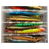 Lot of Fishing Lures in Tackle Box with various Jerk and Rogue Styles