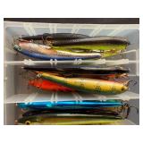 Lot of Fishing Lures in Tackle Box with various Jerk and Rogue Styles