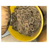 Assorted Industrial Supplies: Nails, Chains, Rope in Metal Buckets