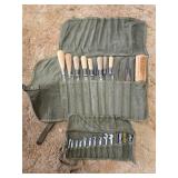 Vintage Set of Woodworking Chisels and Wrenches with Canvas Roll