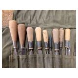 Vintage Set of Woodworking Chisels and Wrenches with Canvas Roll