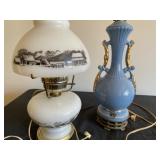 Currier & Ives Farm Scene Lamp & Queen China Blue Lamp