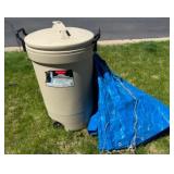 Rubbermaid Trashcan & Large Blue Tarp