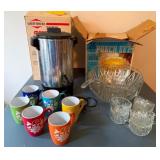 Punch Bowl with Glasses and Coffee Maker with Mugs
