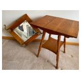 Wooden Oak Table with Oak Mirrored Hat/Coat Rack with Brass Hangers